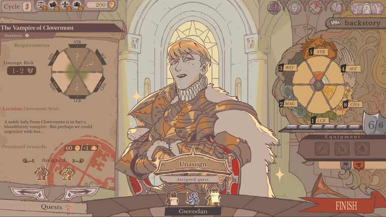 A Sovereign Tower quest card for The Vampire of Clovermont beside Gwendan's stat wheel