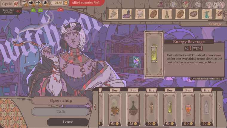 Belladonna the witch behind a shop counter with consumables and their stat effects listed